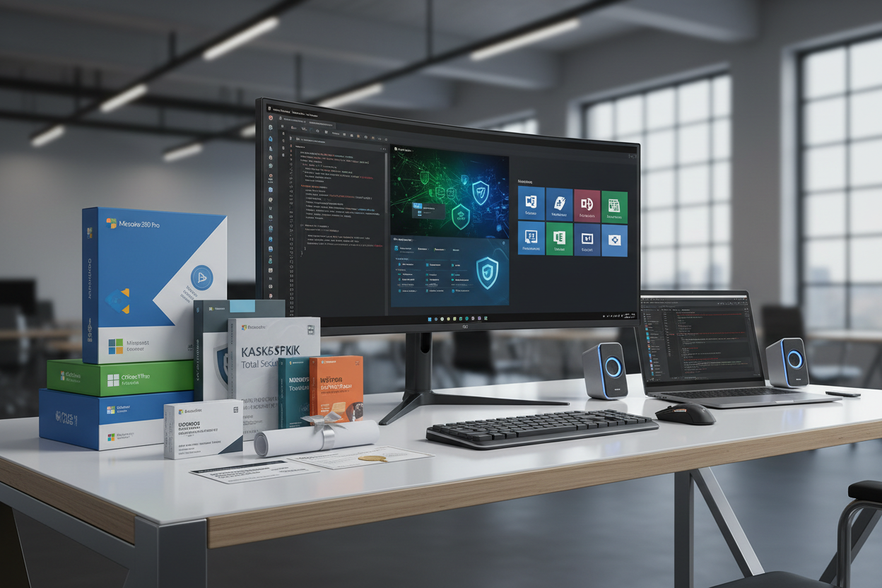 صورة فيها لدوات تخص الاوفيس وتراخيص الوينداوز والبرمجة ومكافحة الفيروسات ....الخ حبذا لو تكون واقعية